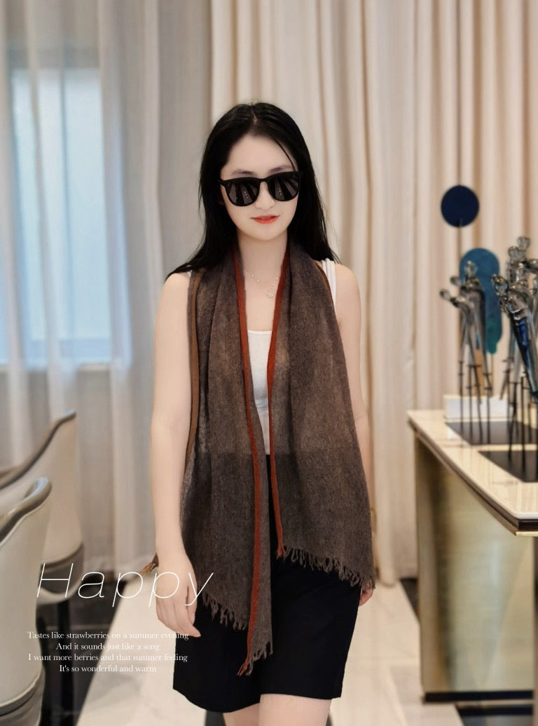 Knitted Pure Cashmere Scarf with Fringe