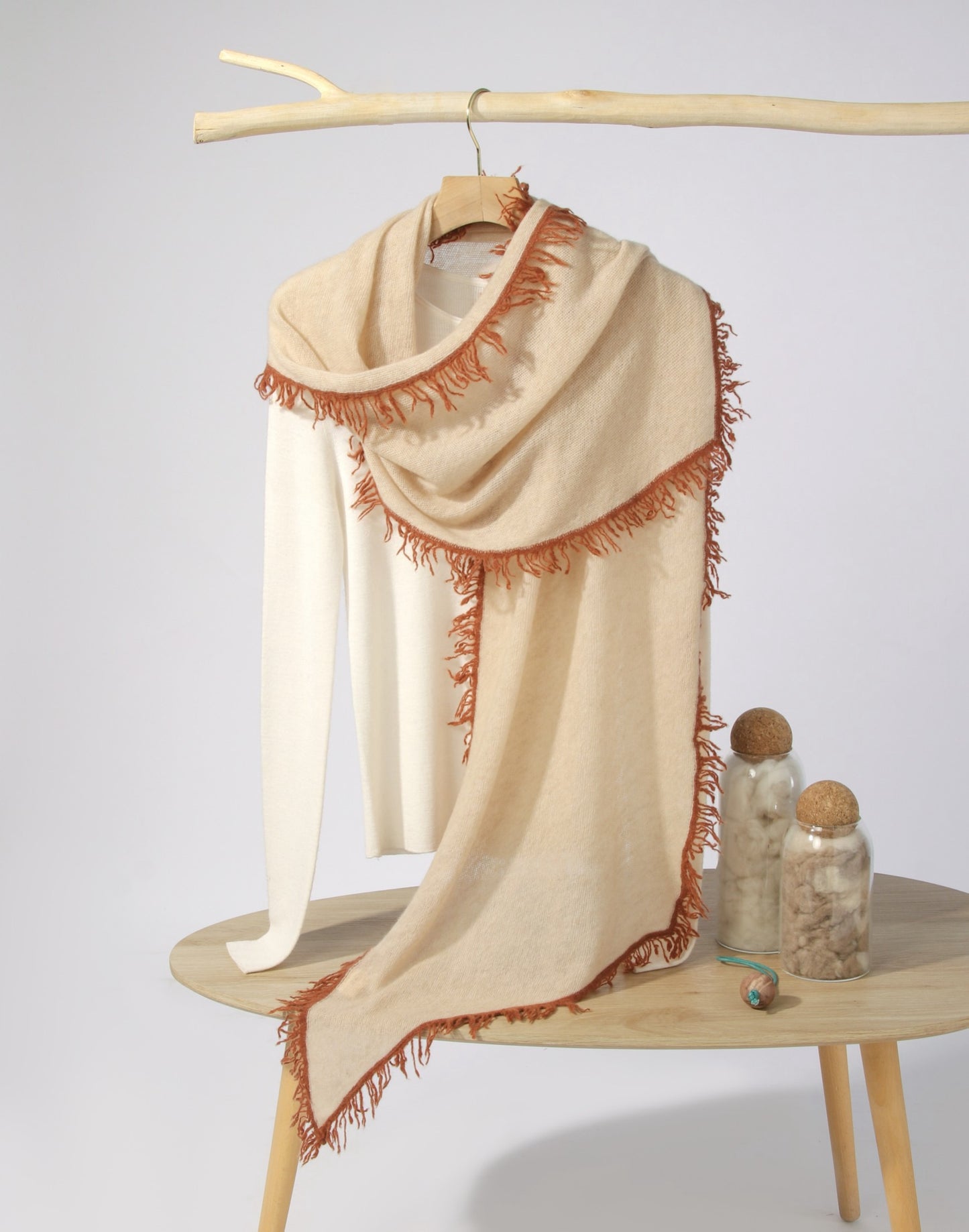 Knitted Pure Cashmere Scarf with Color Fringes