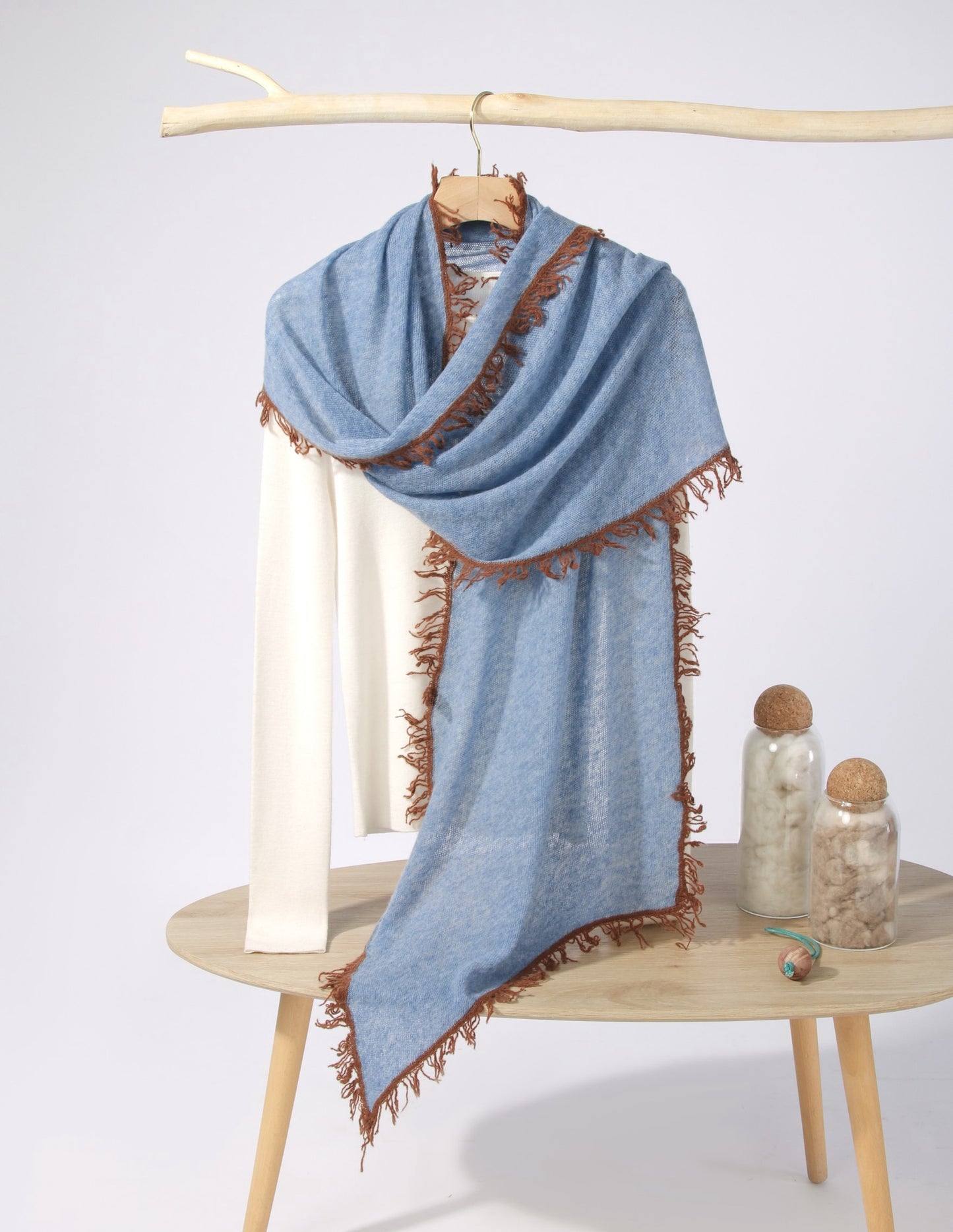 Knitted Pure Cashmere Scarf with Color Fringes