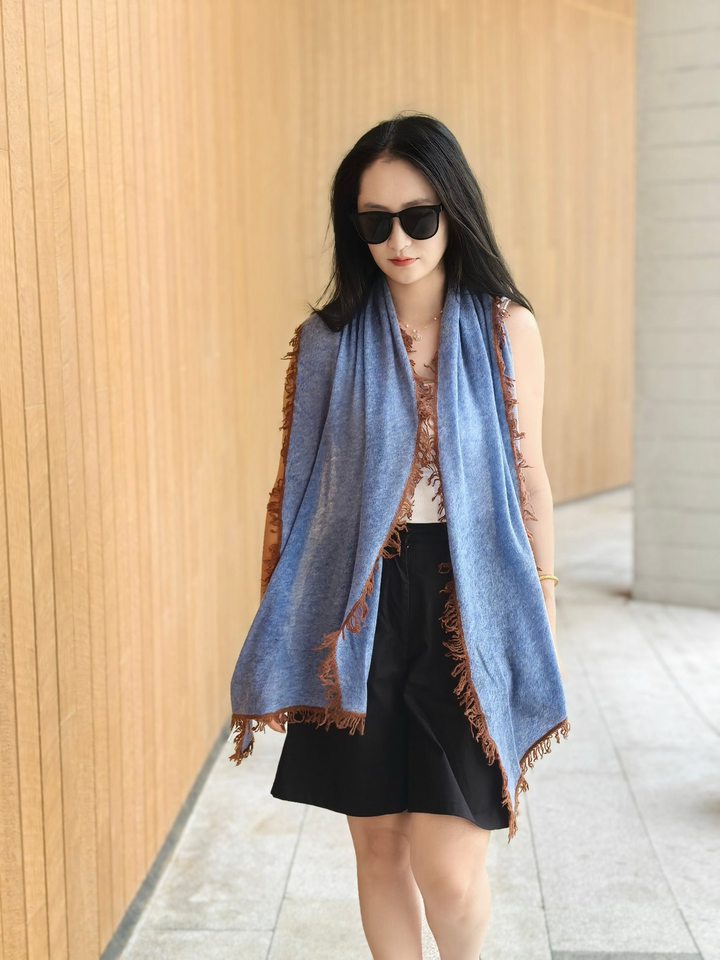 Knitted Pure Cashmere Scarf with Color Fringes