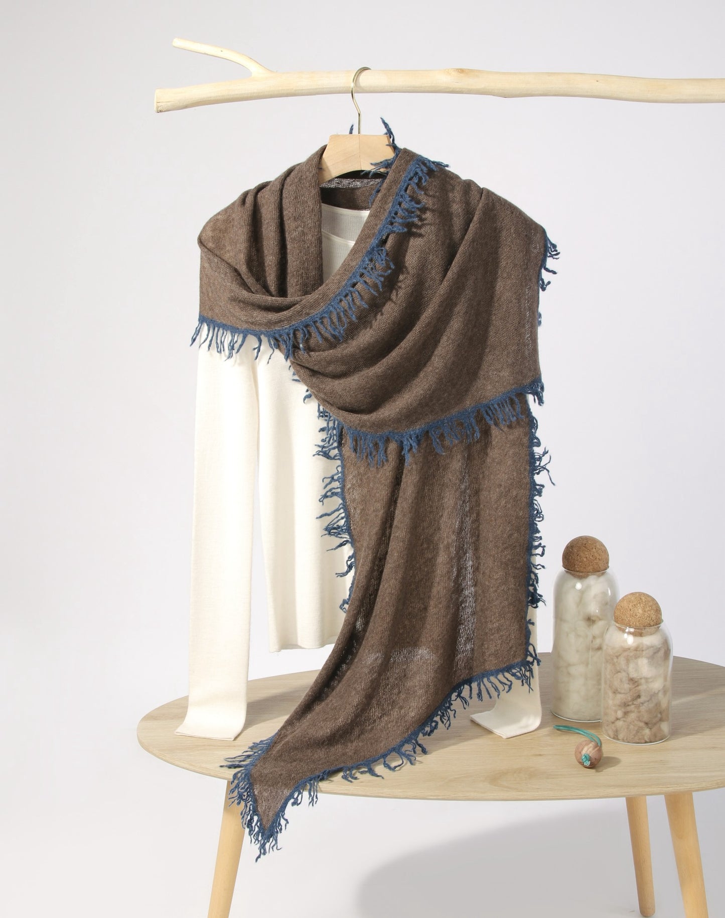 Knitted Pure Cashmere Scarf with Color Fringes