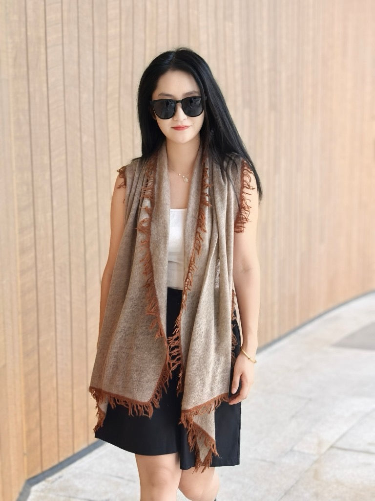 Knitted Pure Cashmere Scarf with Color Fringes